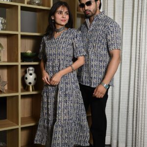 Couple Matching Navy Blue Cotton Anarkali Midi Dress and Shirt Set ? Paisley Block Print