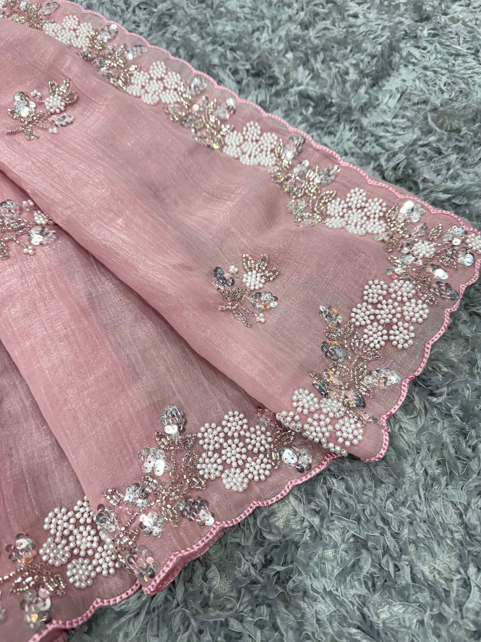 Women's Soft Pink Organza Saree with Delicate Pearl & Sequin Floral Embroidery β Lightweight Sheer Drape for Festive, Wedding & Party Wear - Image 5