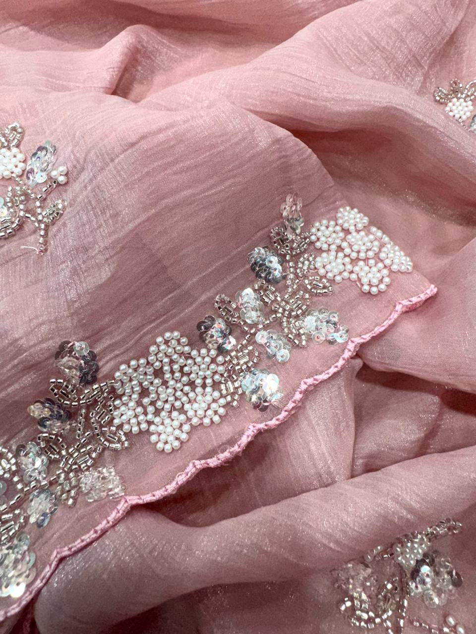 Women's Soft Pink Organza Saree with Delicate Pearl & Sequin Floral Embroidery β Lightweight Sheer Drape for Festive, Wedding & Party Wear - Image 2