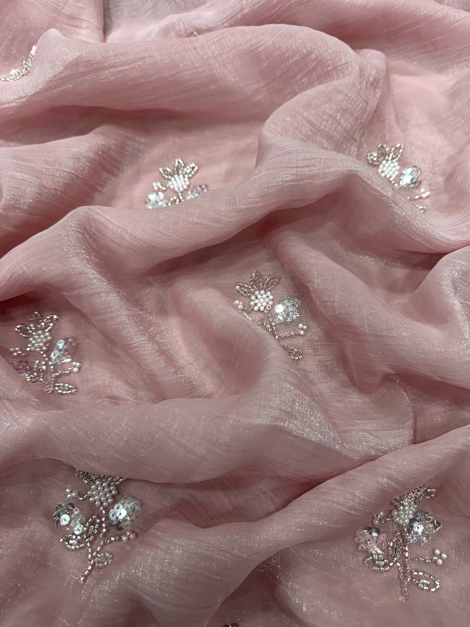Women's Soft Pink Organza Saree with Delicate Pearl & Sequin Floral Embroidery β Lightweight Sheer Drape for Festive, Wedding & Party Wear - Image 3