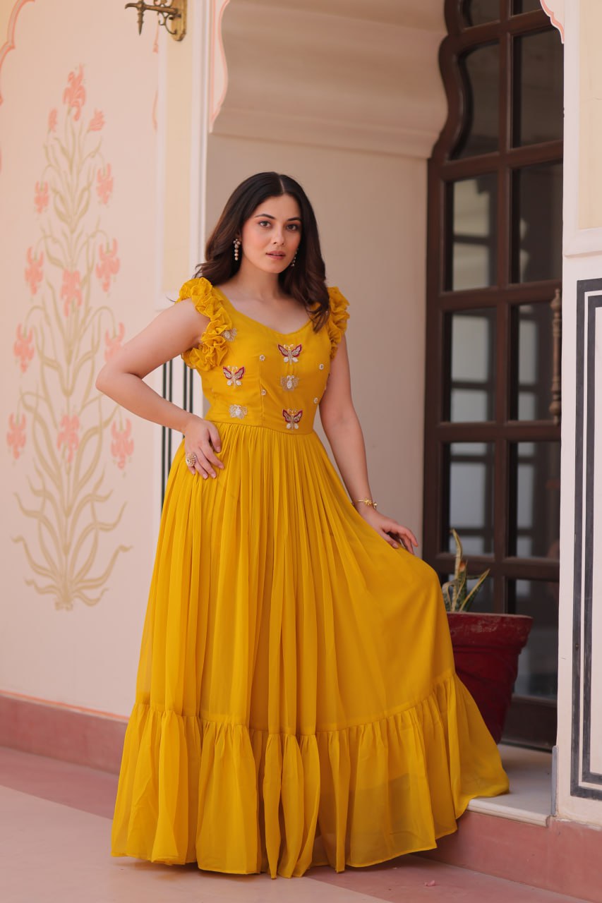 Women's Elegant Plum Purple Georgette Anarkali Gown with Butterfly Applique & Ruffle Sleeves β Festive & Special Occasion Wear - Image 3