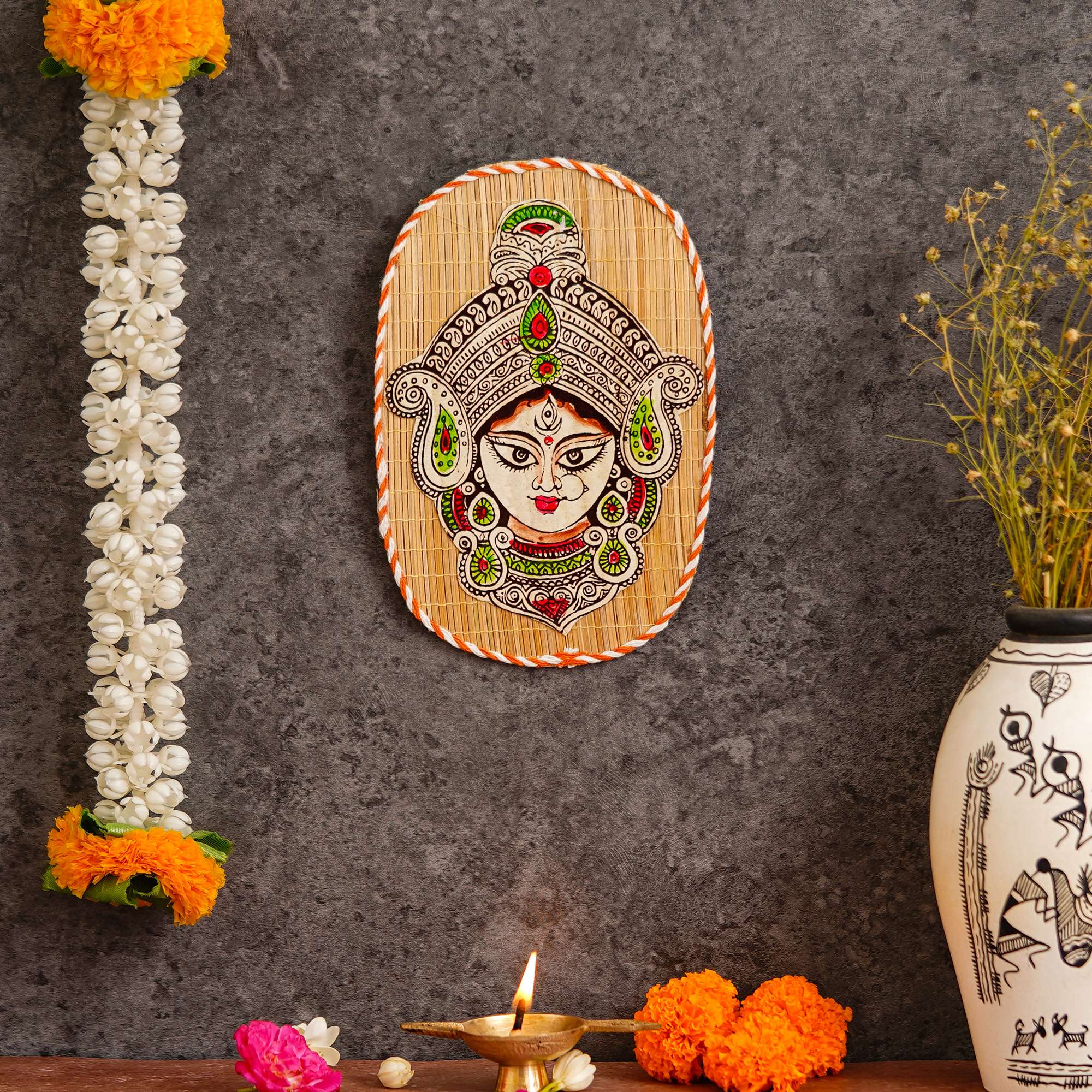 Oval Shaped Design Bamboo Hand Crafted Wall Hangings Durga Ji For Home Decor | Bamboo Art For Wall Decor - Image 2